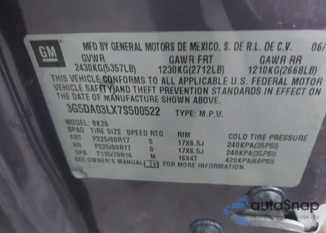 2007 Buick Rendezvous Cx z USA, uszkodzony, nr VIN 3G5DA03LX7S500522